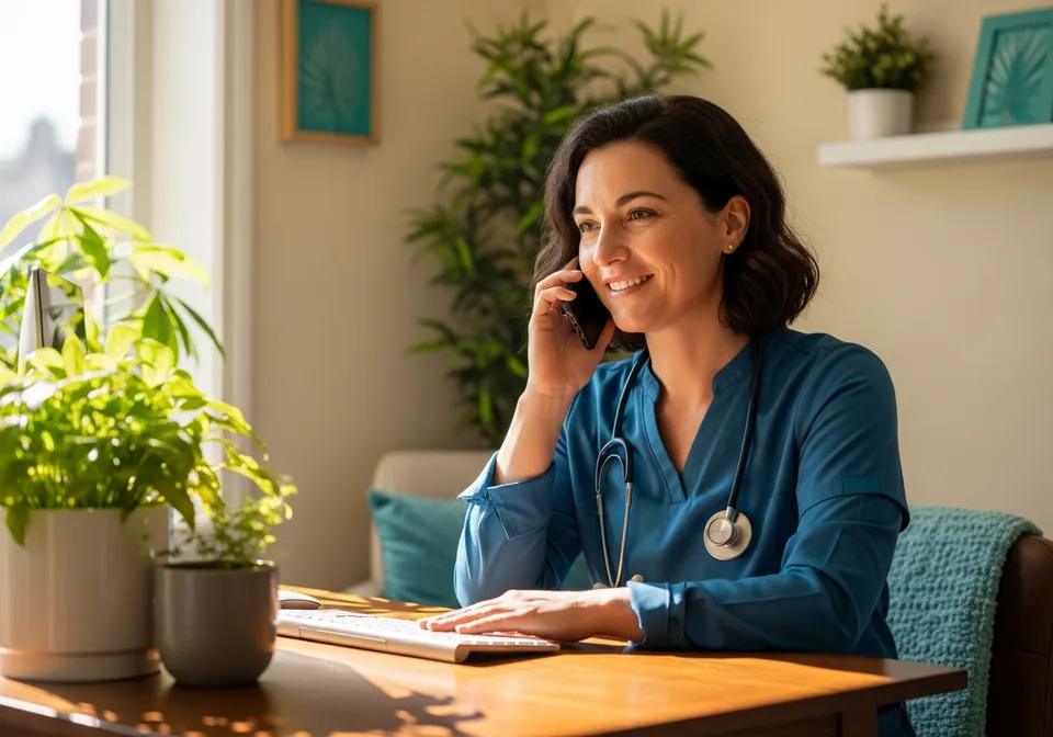 A Care Coordinator working at a warm office desk, taking a call