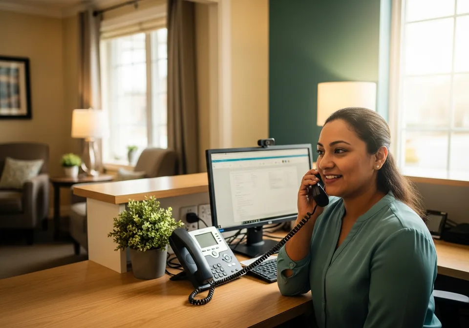 A Care Coordinator answering the phone at a welcoming office desk