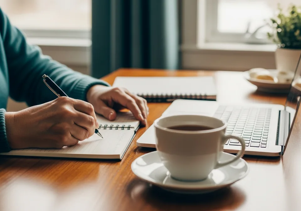Hands taking notes beside a laptop while researching home care options