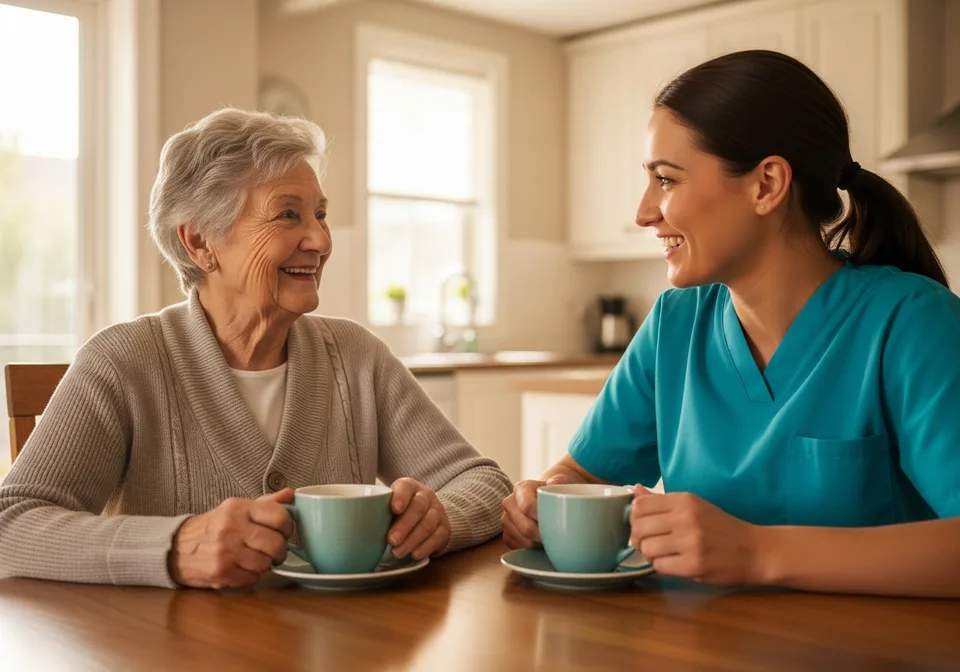A Personal Support Worker enjoying conversation with a senior at home