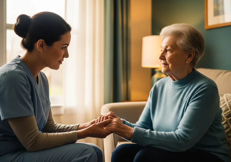 A Personal Support Worker providing calm, patient support to a senior with dementia