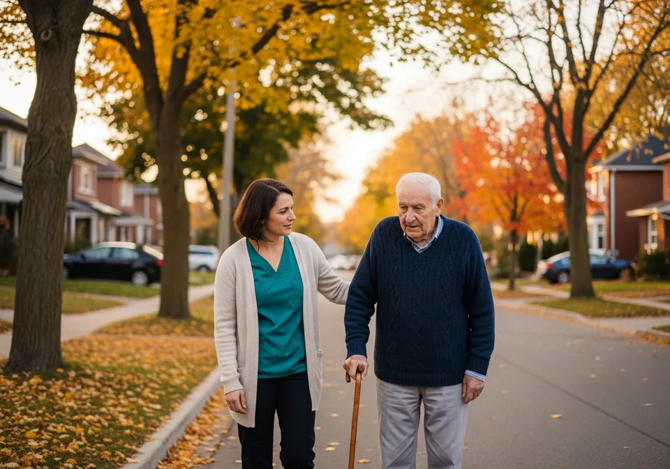 A Personal Support Worker helping a senior with errands and groceries