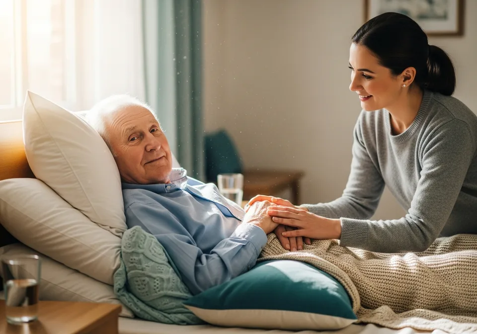 A Personal Support Worker helping a senior settle in safely after a hospital stay