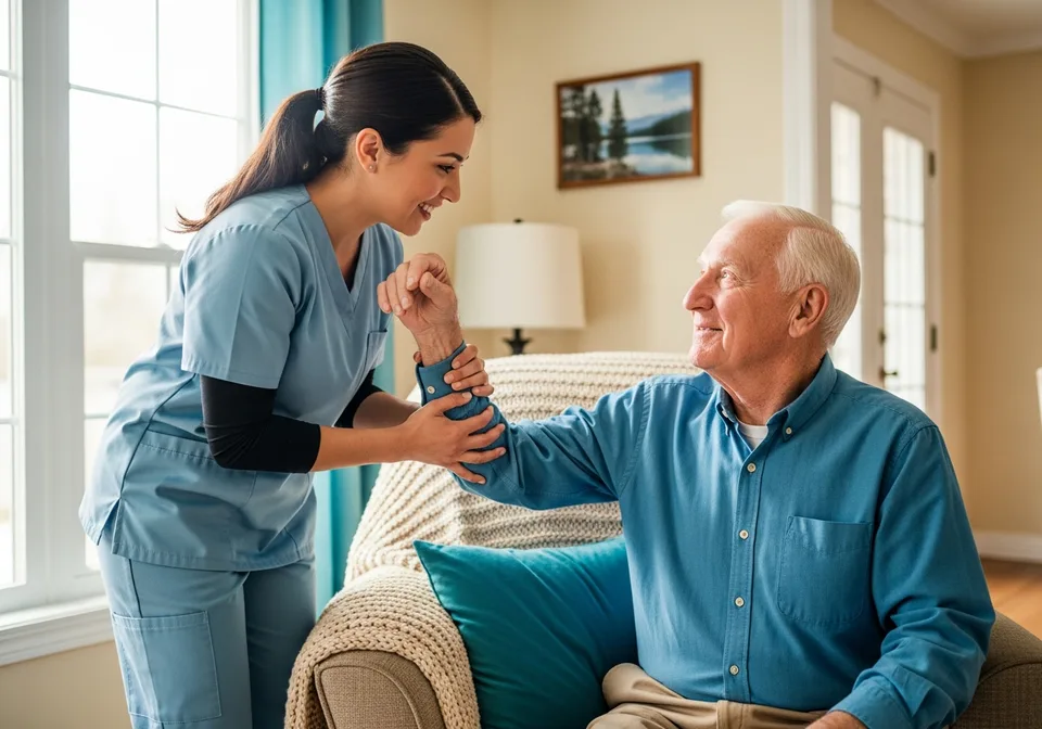 A Personal Support Worker helping a senior with daily personal care at home